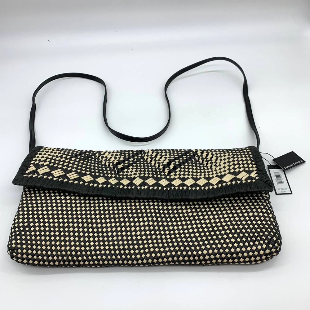 Banana Republic Black Straw Crossbody Purse Womens Medium Clutch Bag